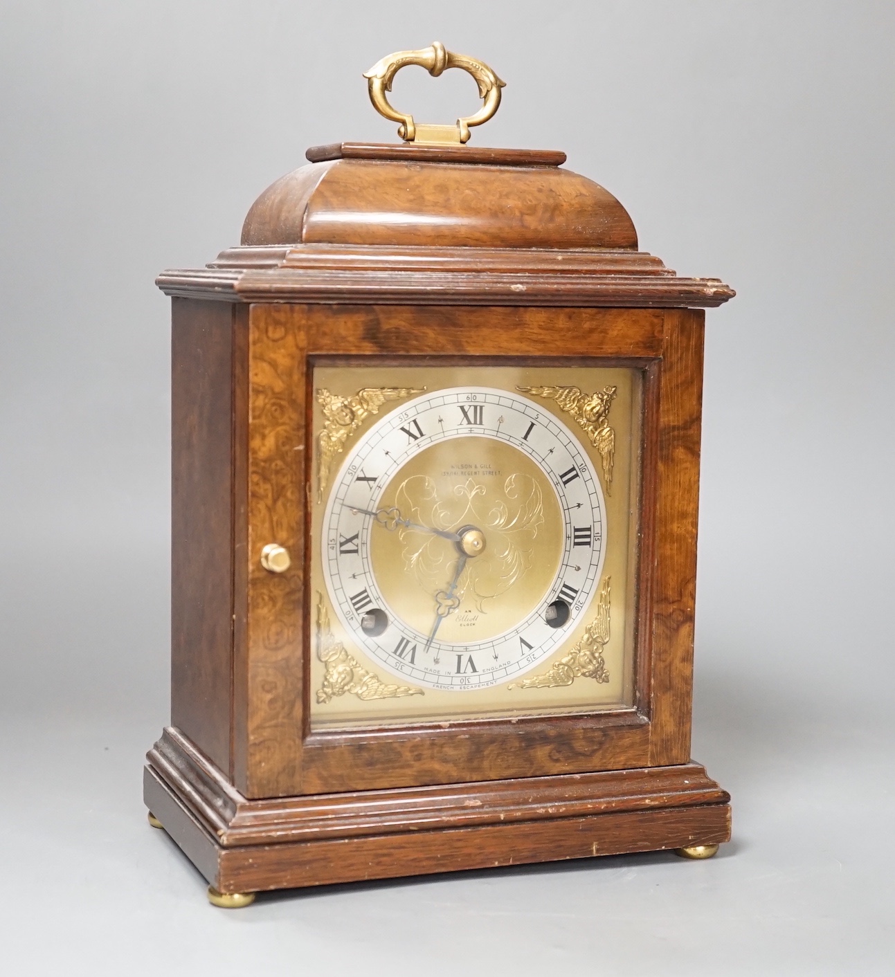 An Elliott burr walnut mantel clock - 27cm high